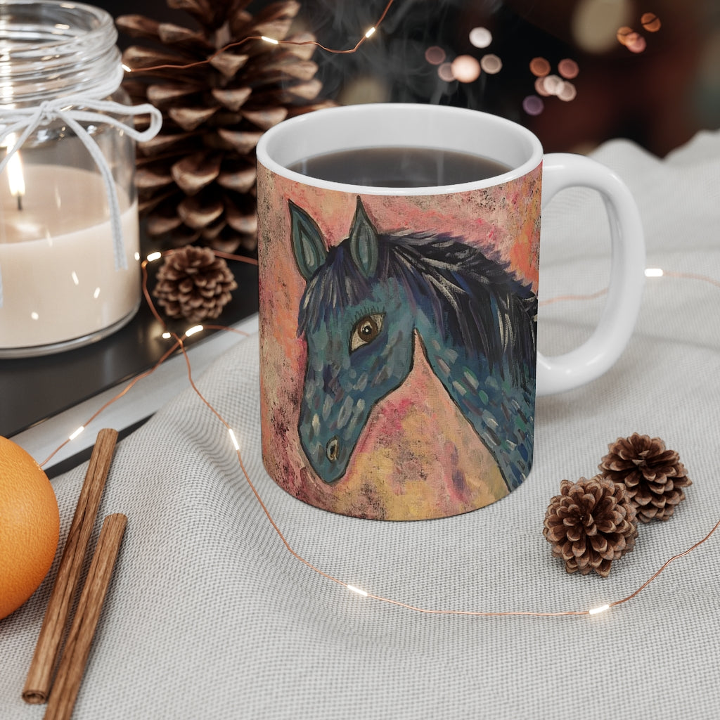 Mug 11oz Horse In Blue