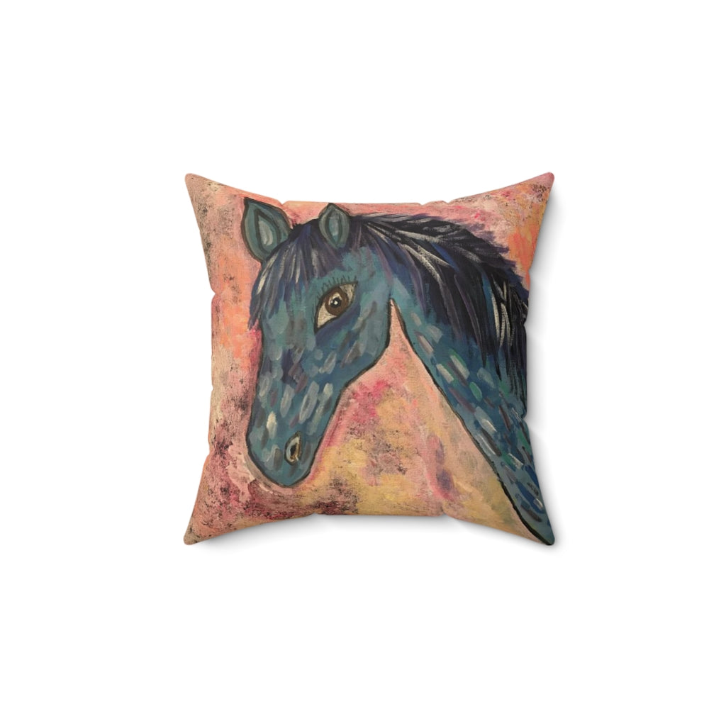 Spun Polyester Square Pillow Horse In Blue