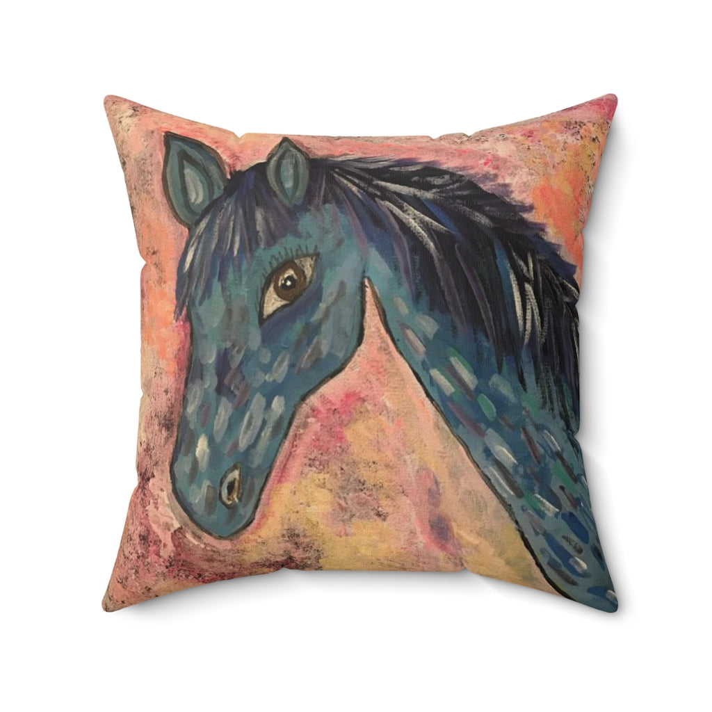 Spun Polyester Square Pillow Horse In Blue