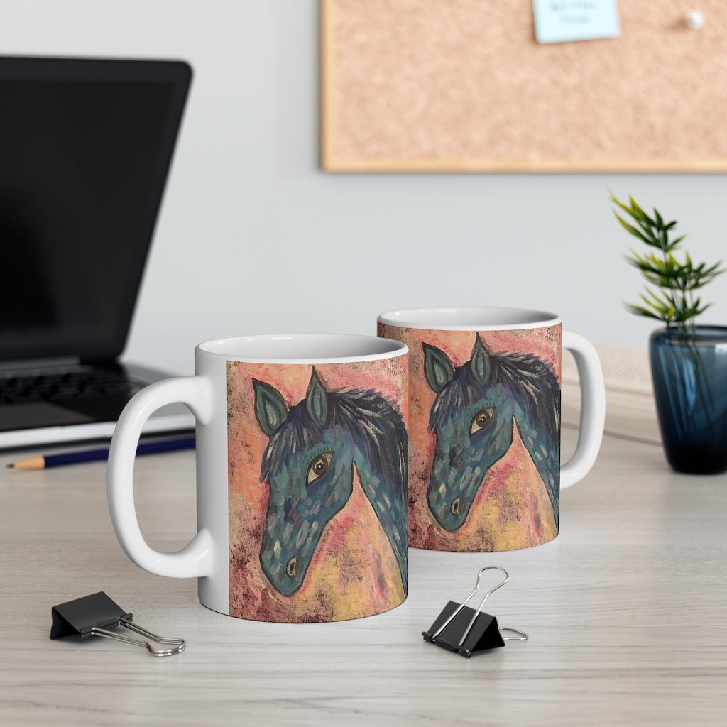 Mug 11oz Horse In Blue