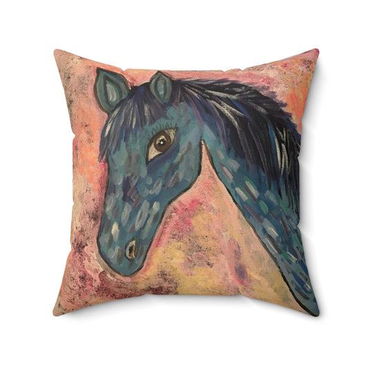 Spun Polyester Square Pillow Horse In Blue