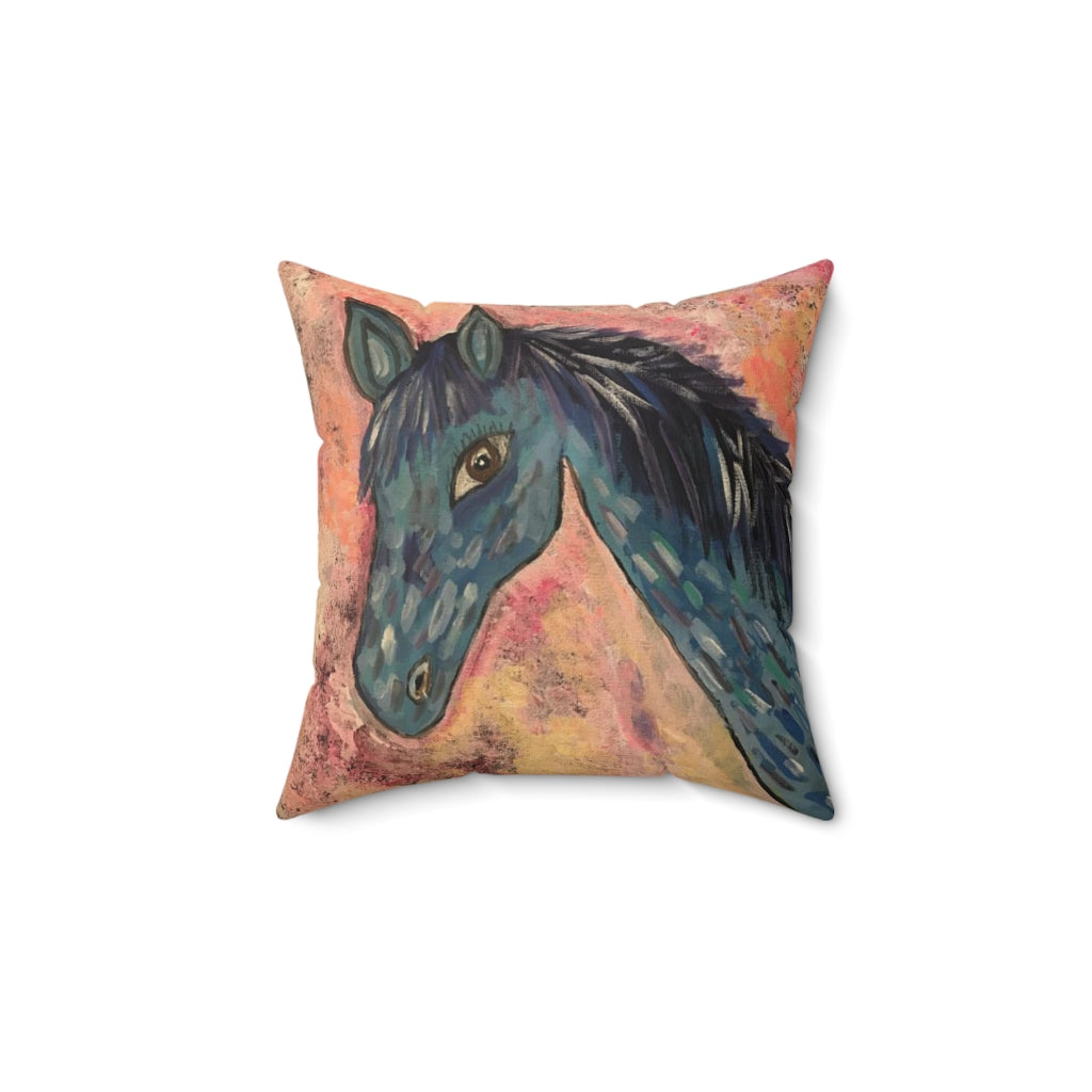 Spun Polyester Square Pillow Horse In Blue